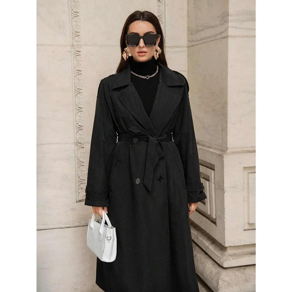 Double Breasted Belted Trench Coat long black - Picture 2 of 6